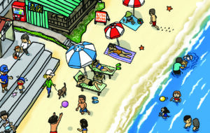 俯瞰イラスト　俯瞰図　夏休みの海岸